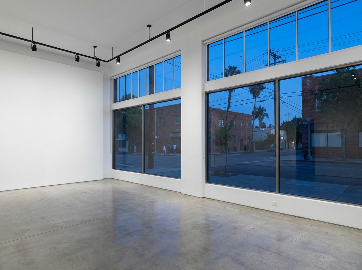 An empty art gallery space prepared for an event.