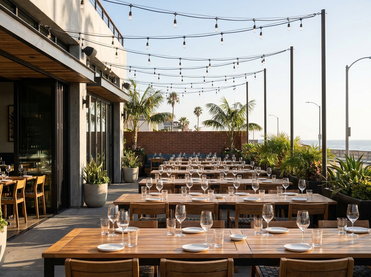 A restaurant patio set for a special ticketed dinner event.