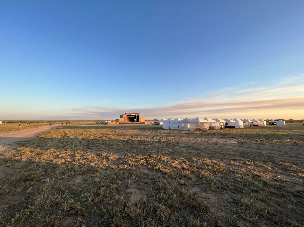 An empty outdoor festival space in Lubbock, Texas, prepared for an event.