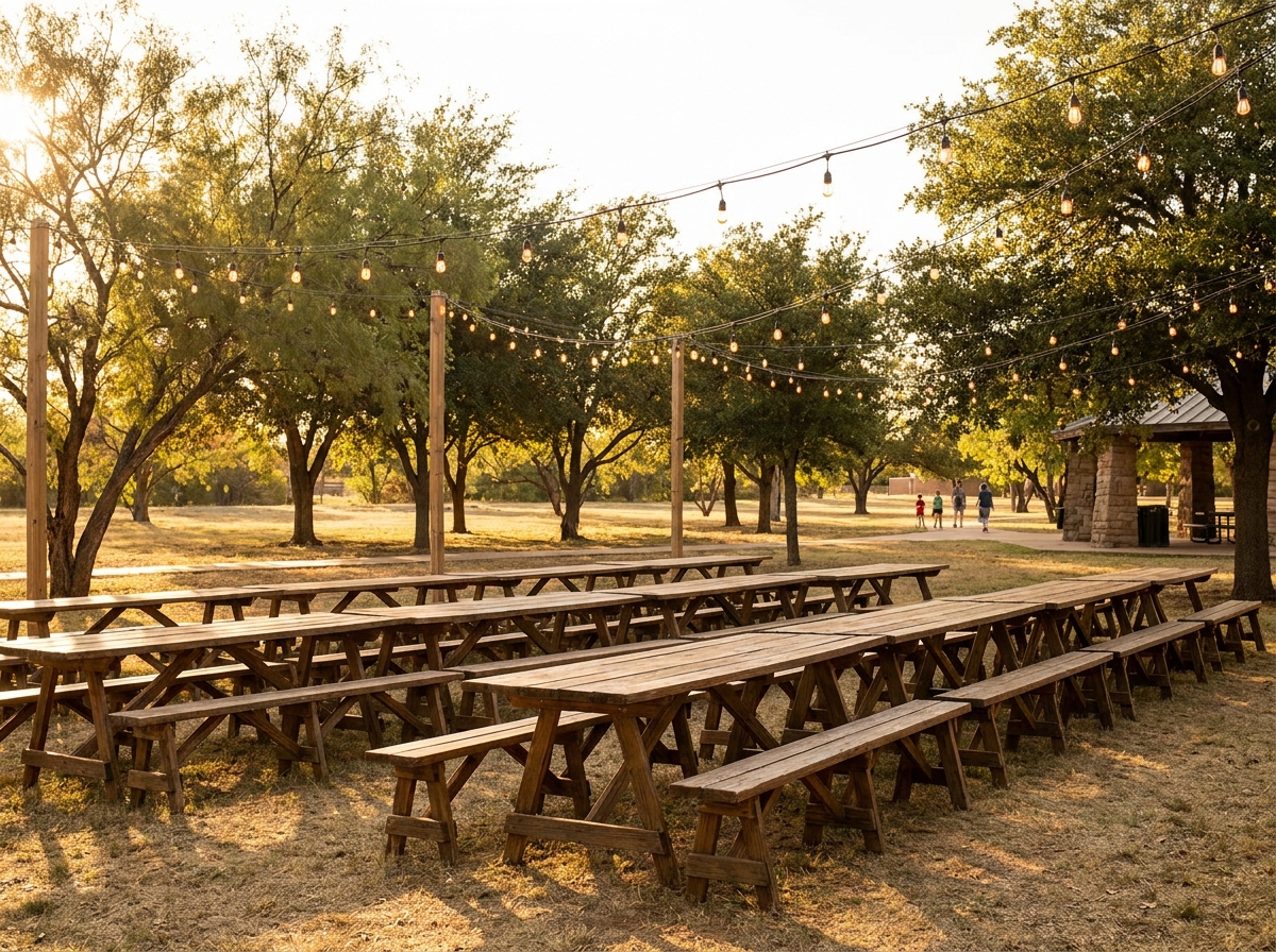 An outdoor event space in Lubbock set with tables for a festival.