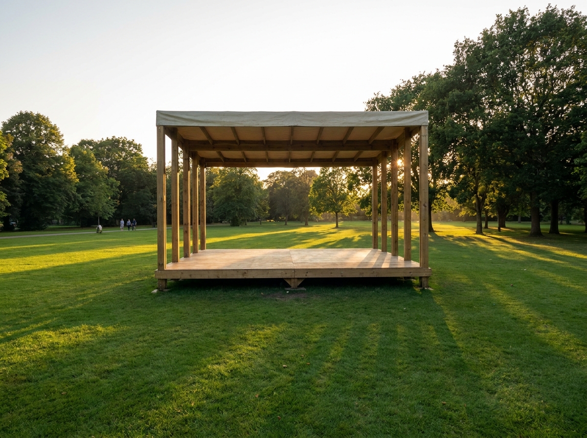 An empty festival stage set up in a Luton park at sunset.