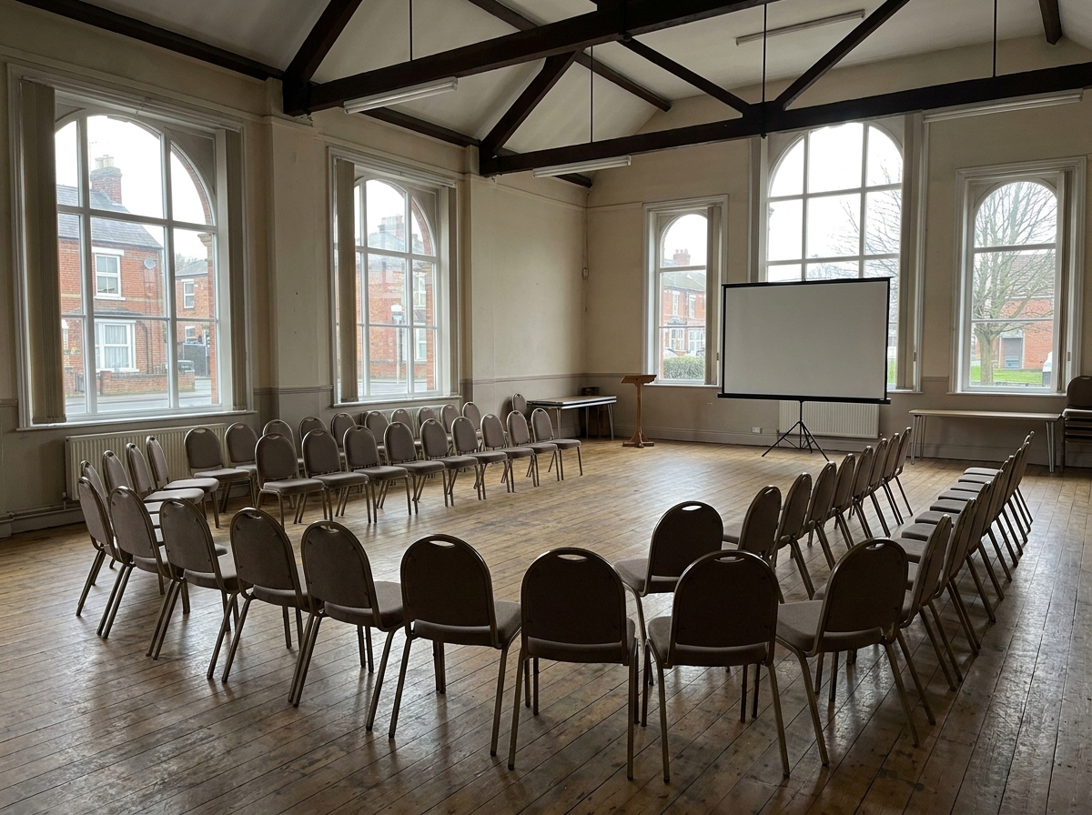 A community hall in Luton set up for a presentation or workshop.