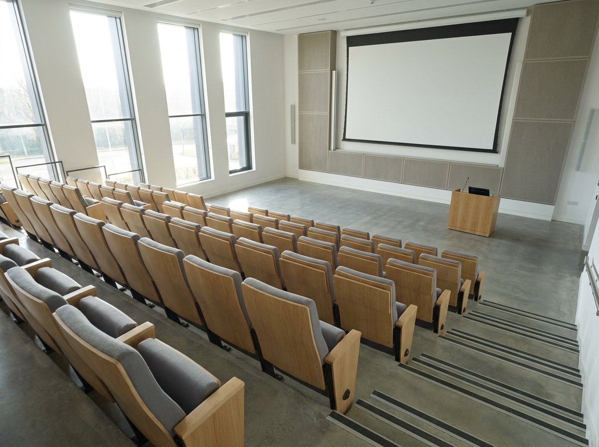 Empty university lecture hall in Luton set up for a conference event.