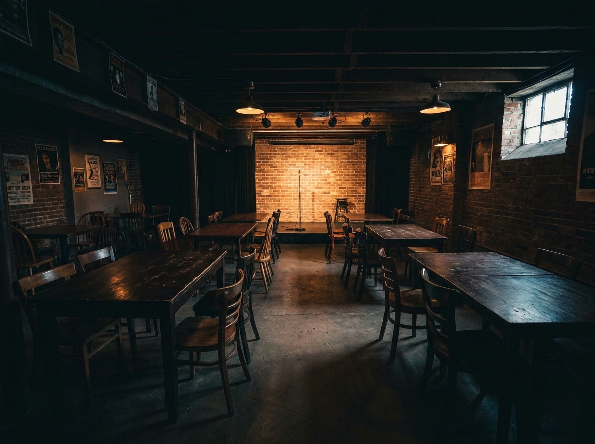 The empty interior of an intimate Madison comedy club, with tables and chairs ready for an audience.
