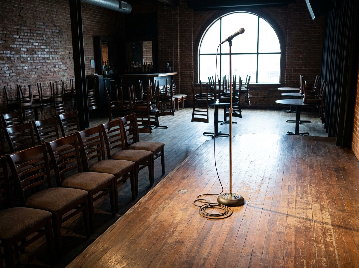 A microphone on an empty stage at a Madison comedy venue, seen from the side.