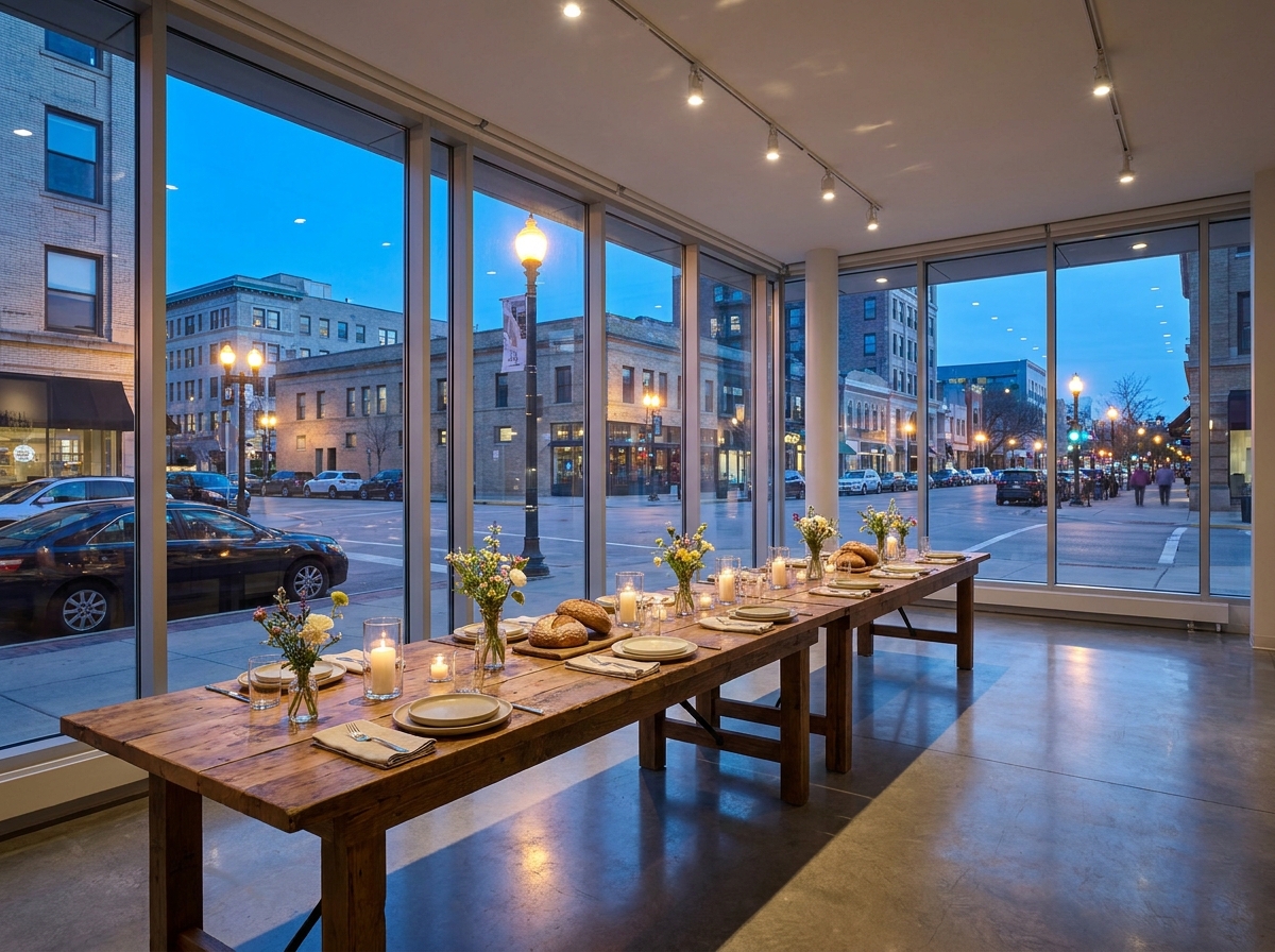 A prepared event space in Madison set for a special dinner or reception.