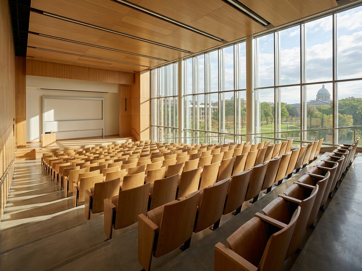 An empty university lecture hall prepared for a conference in Madison.