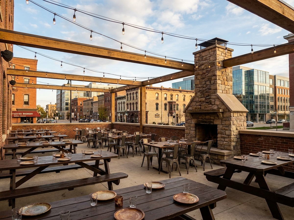 An empty outdoor patio space prepared for a food and drink event in Madison.