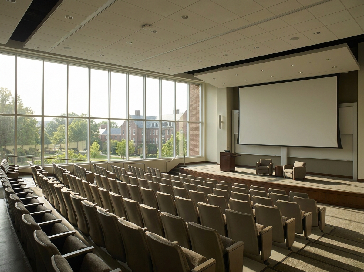 A modern auditorium prepared for a business event in Madison.