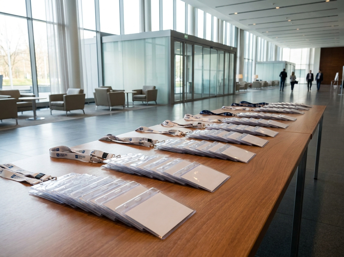 An empty registration desk with name badges ready for a Madison networking event.