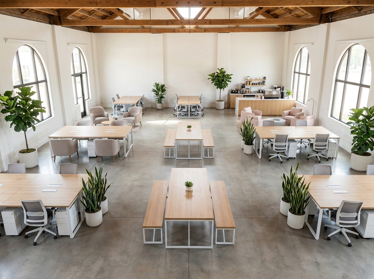 An empty, modern co-working space suitable for networking events in Madison.