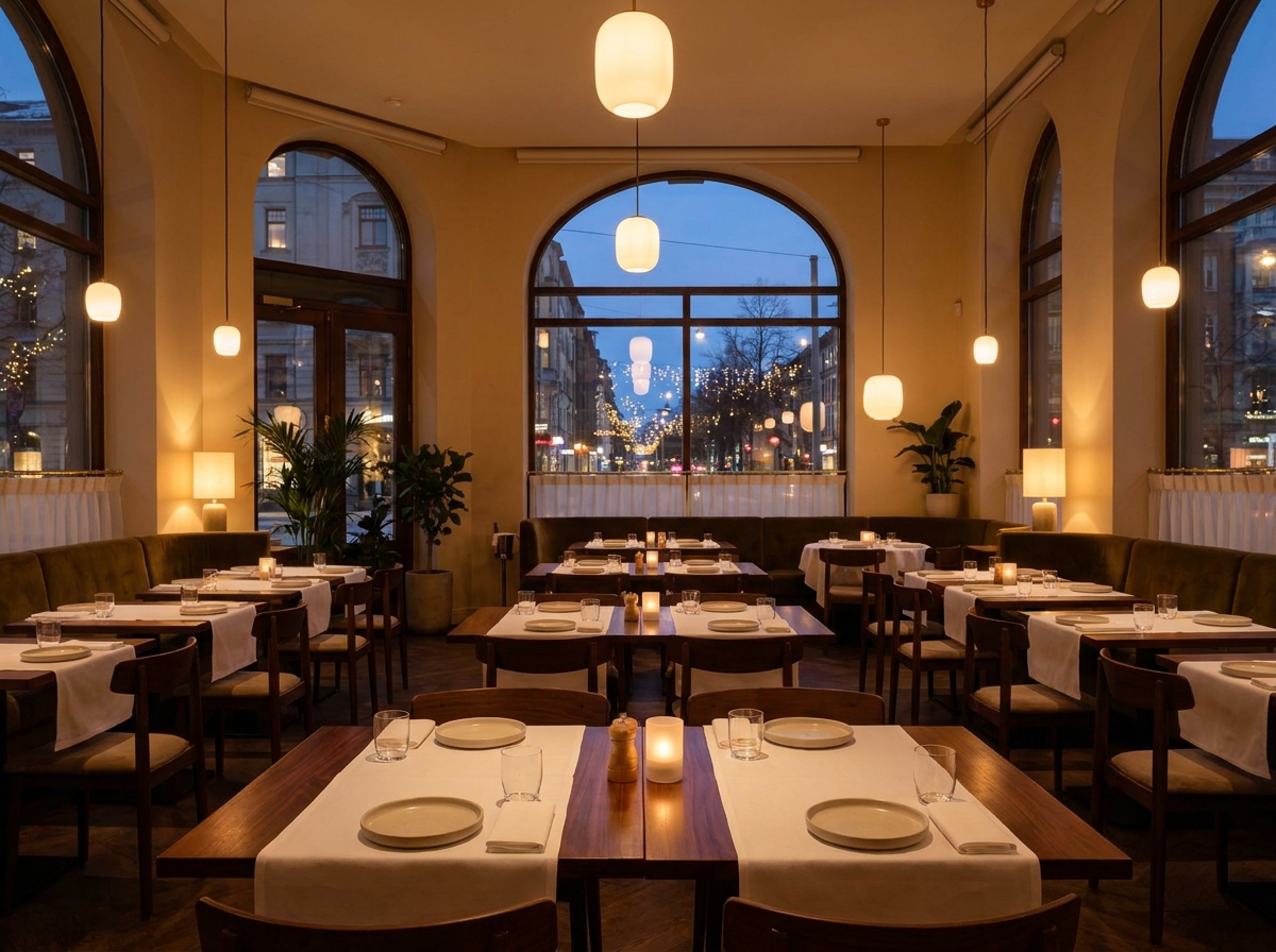 A chic restaurant space in Madison set for a professional networking mixer.