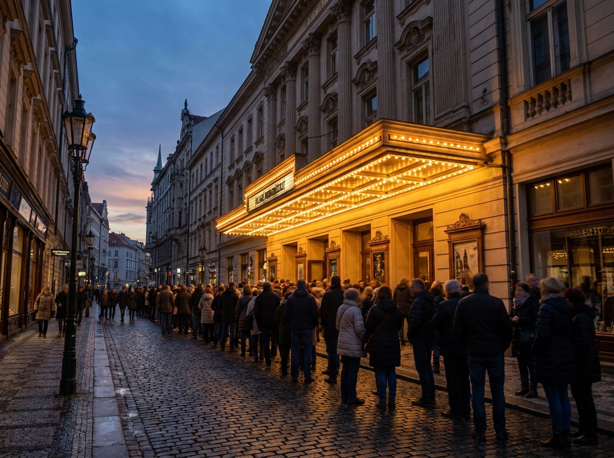 A line of attendees waiting to enter a theater for a magic show.