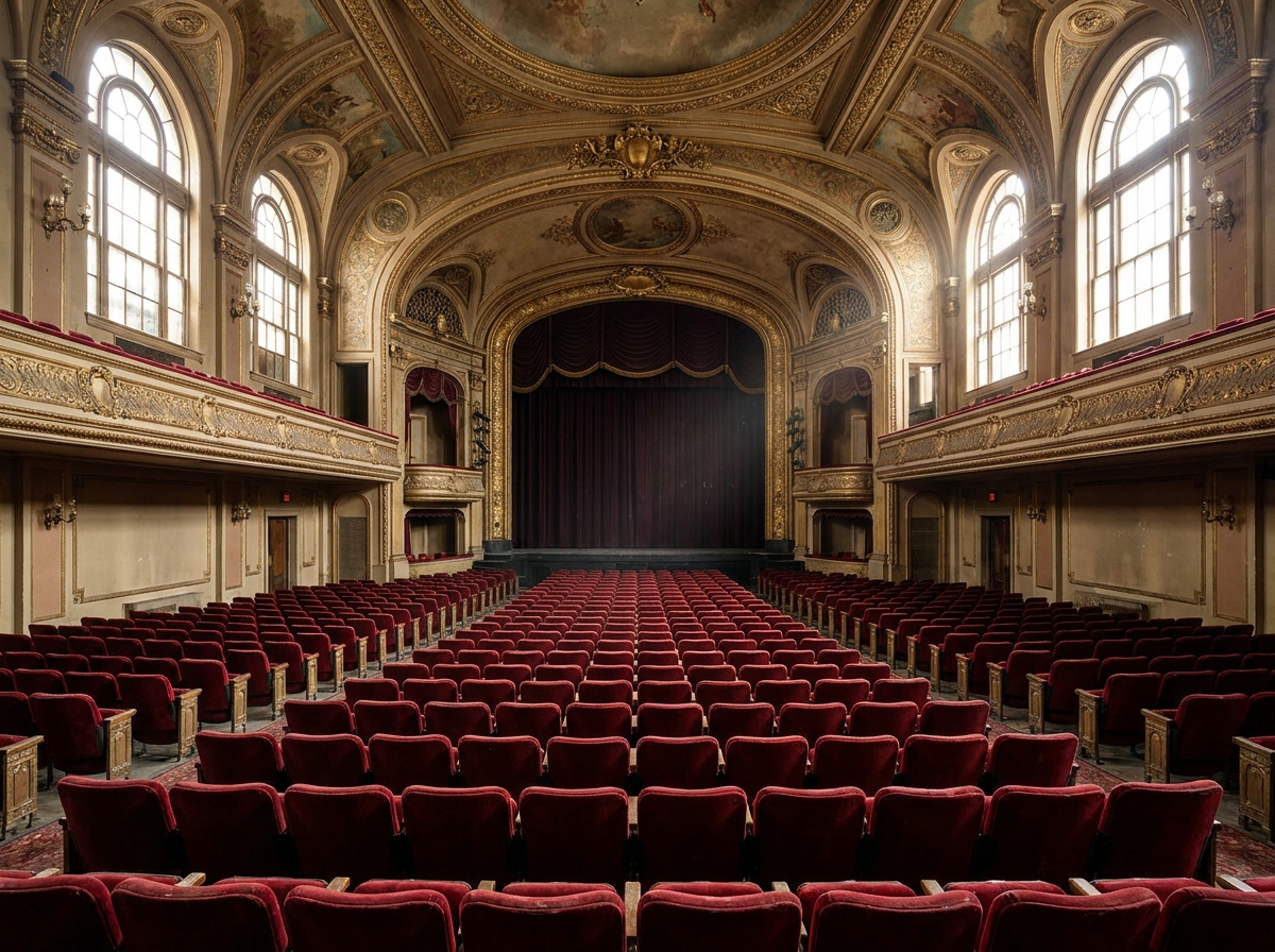 Rows of empty red seats in a classic theater before a magic show.