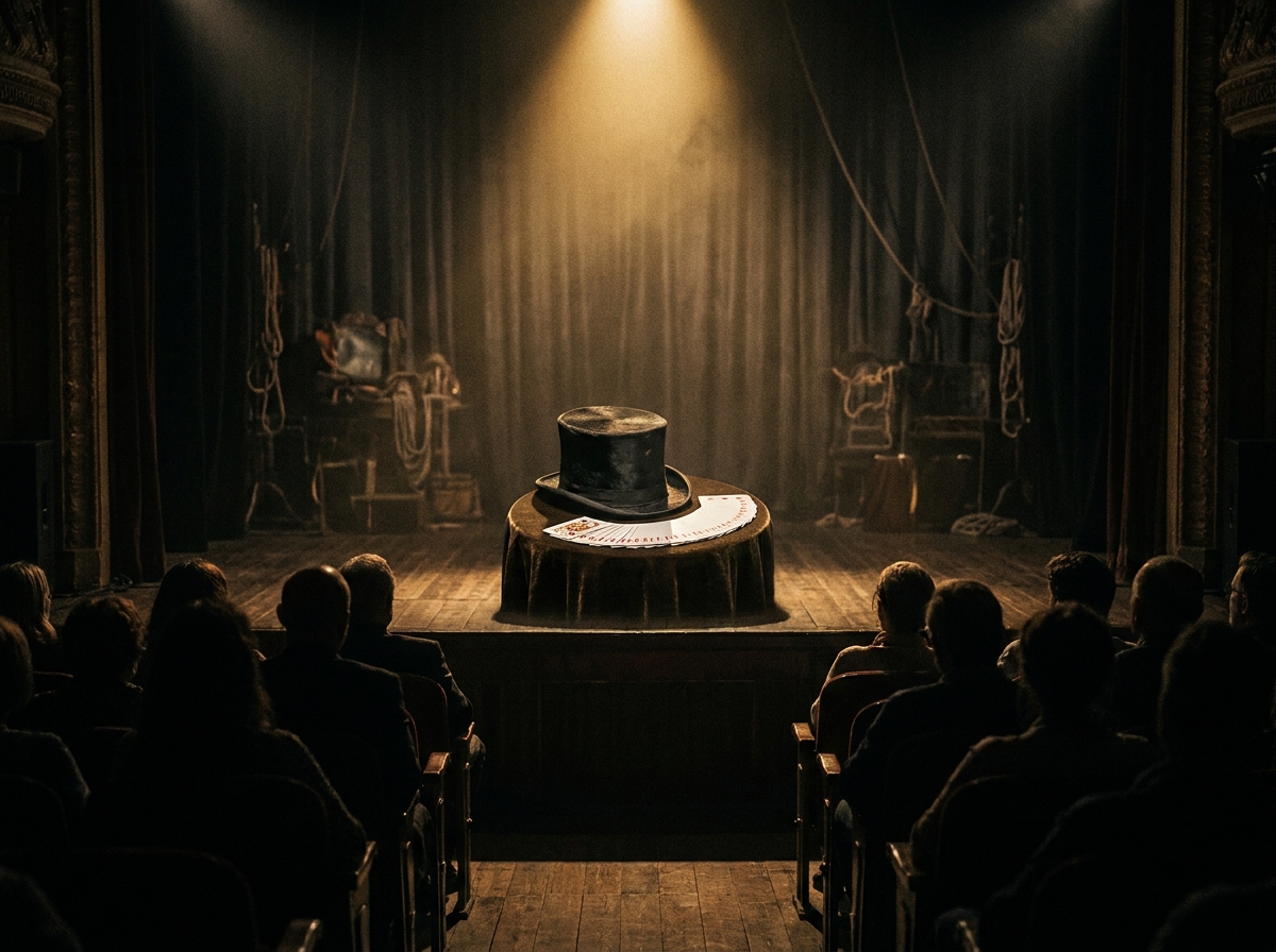 A stage prepared for a magic show, with a top hat and cards in a spotlight.