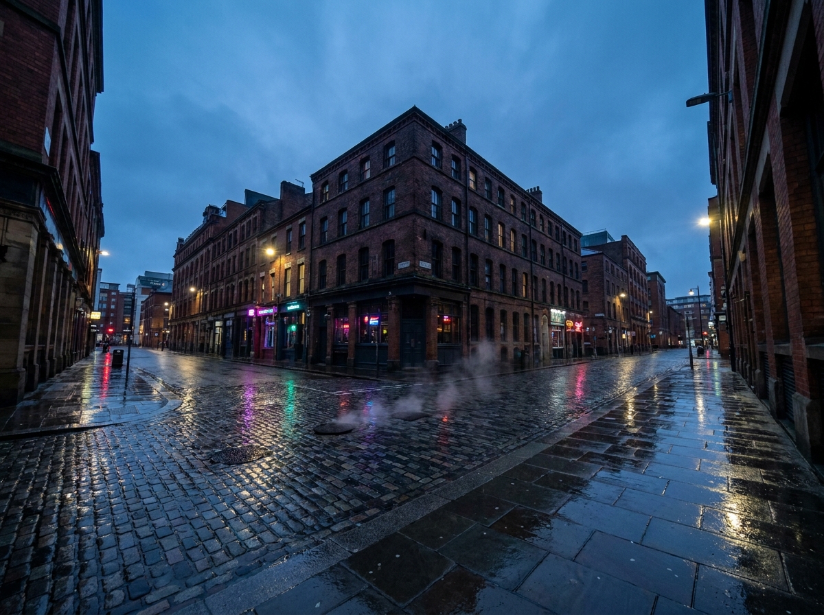 An atmospheric street in Manchester's Northern Quarter at night, home to many events.