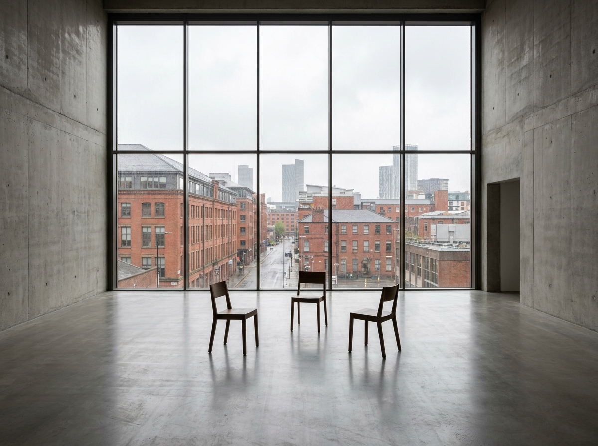 A modern, empty event space in Manchester with large windows and concrete walls.