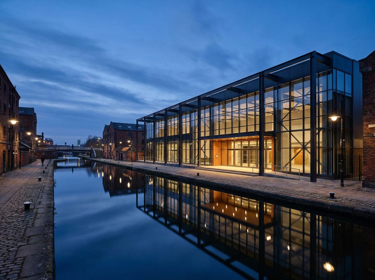 The quiet entrance of a modern waterfront event venue in Manchester at dusk.