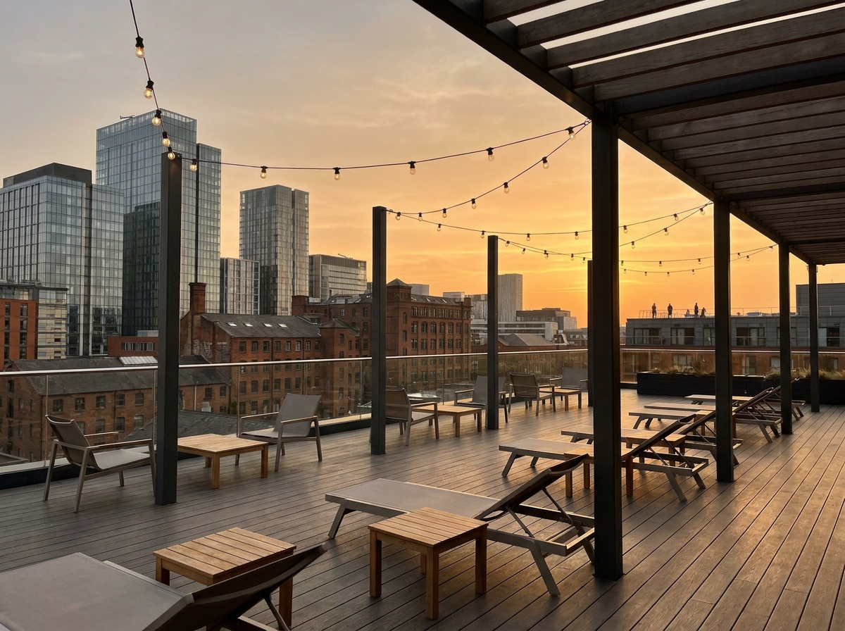 A rooftop event space in Manchester set for an evening function, overlooking the city.