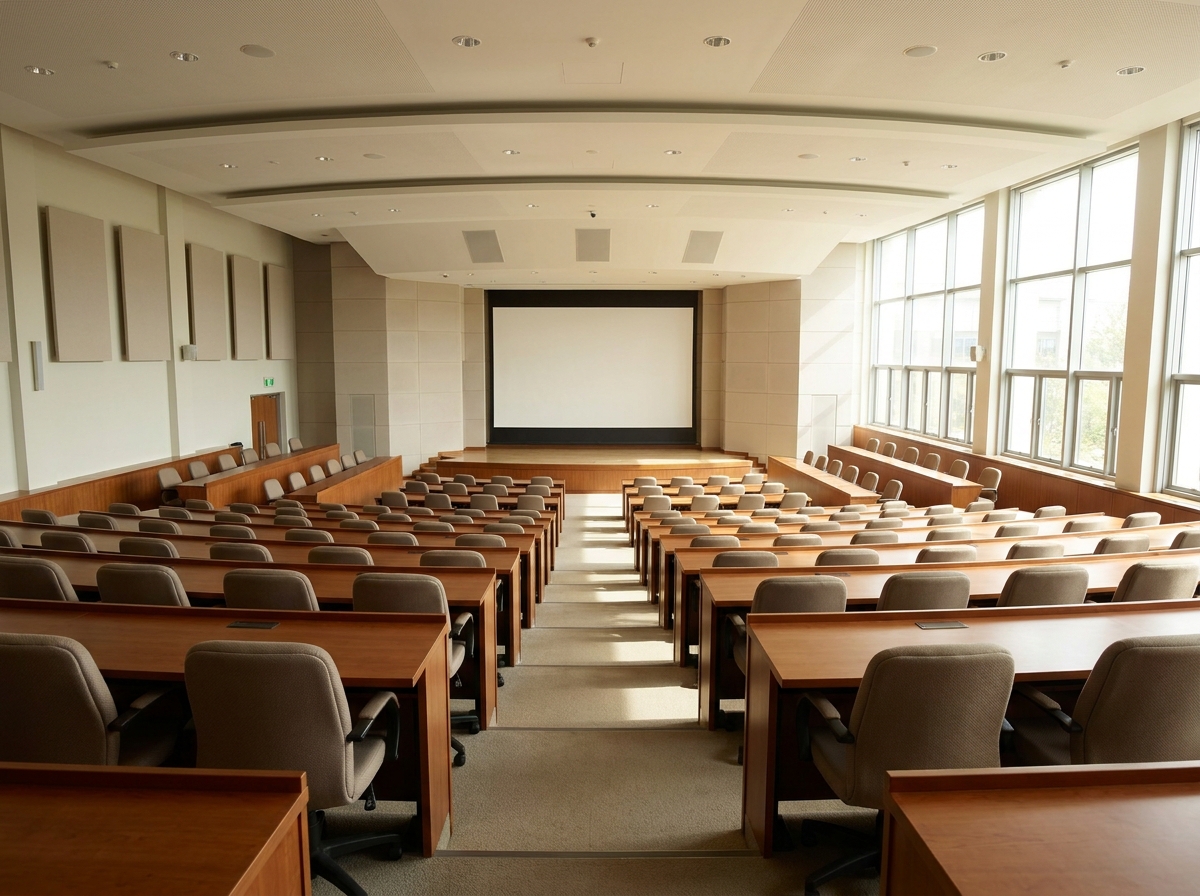 An empty lecture hall prepared for a business event in Manchester.