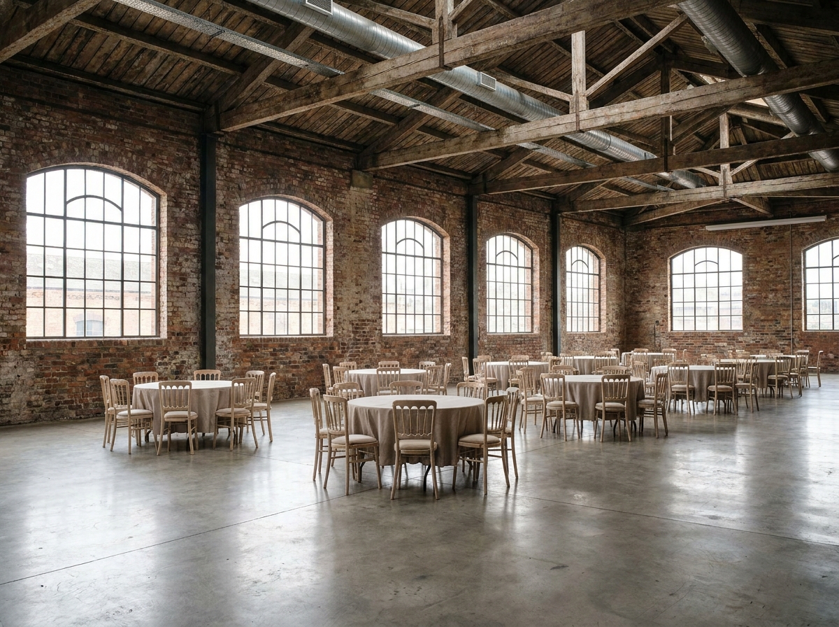 An empty event space in a Manchester warehouse set up for a professional workshop.