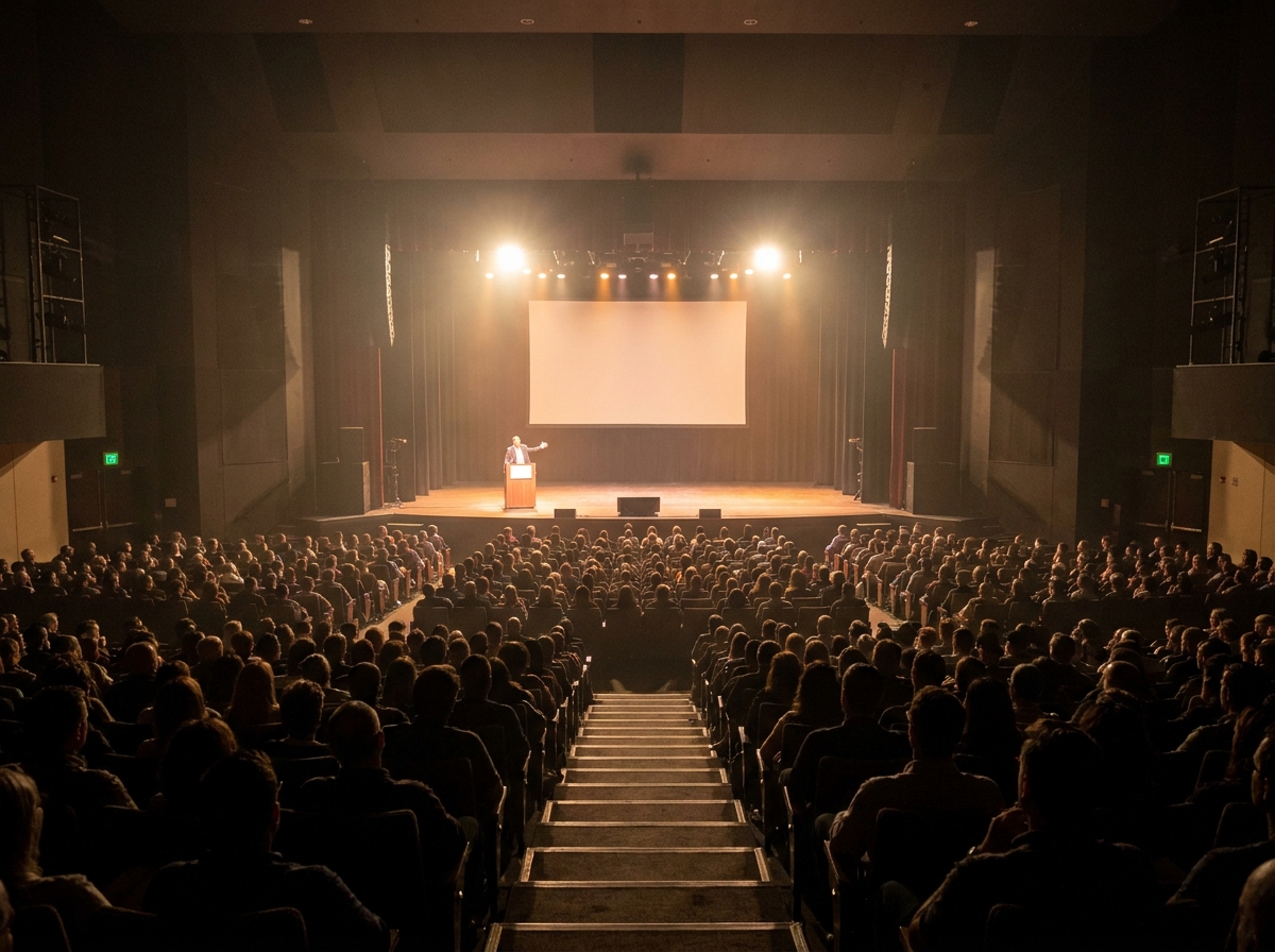 A speaker on stage presenting to a large audience at a corporate media event.