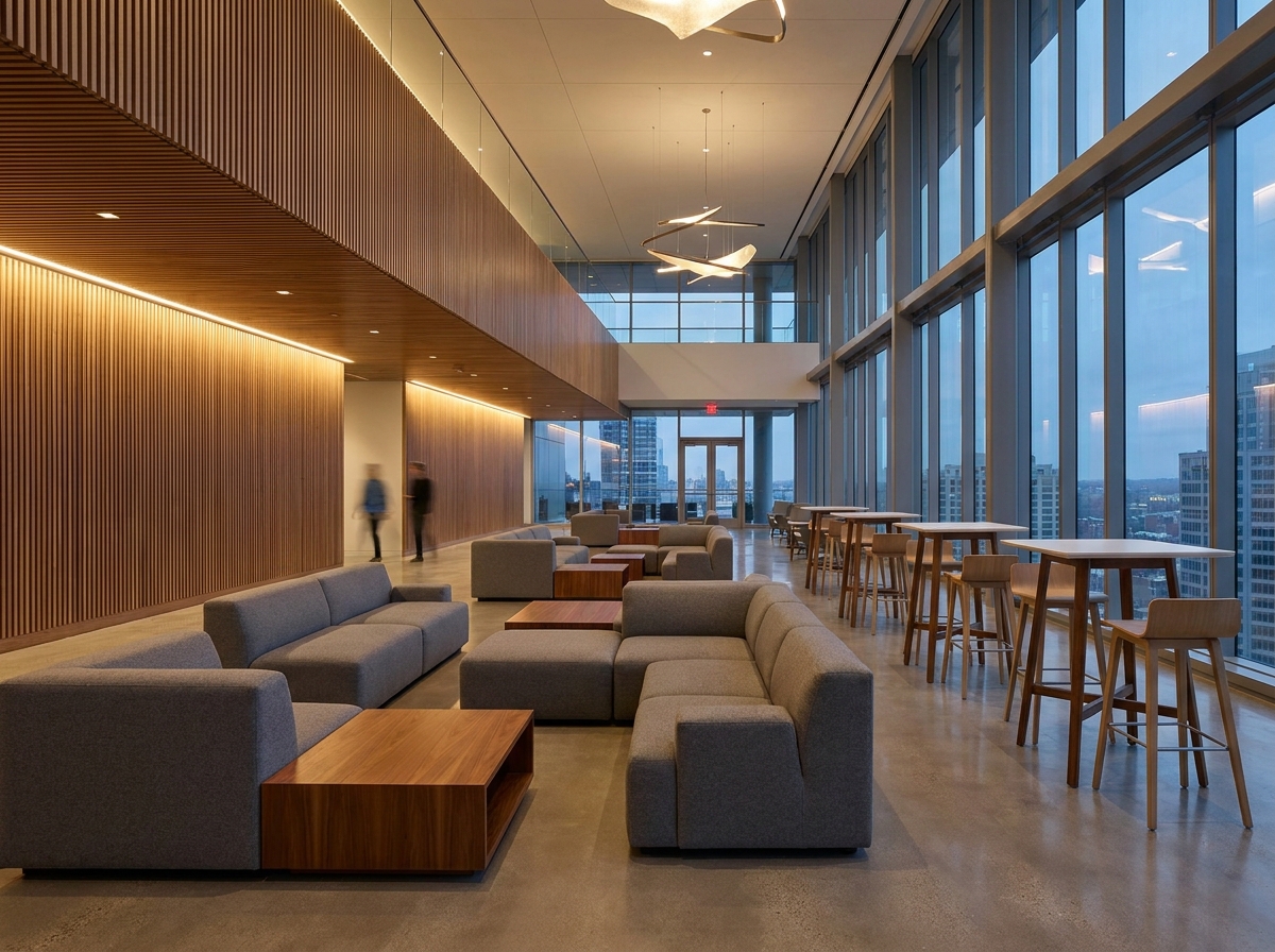 An empty networking lounge set up for a post-event reception for media guests.