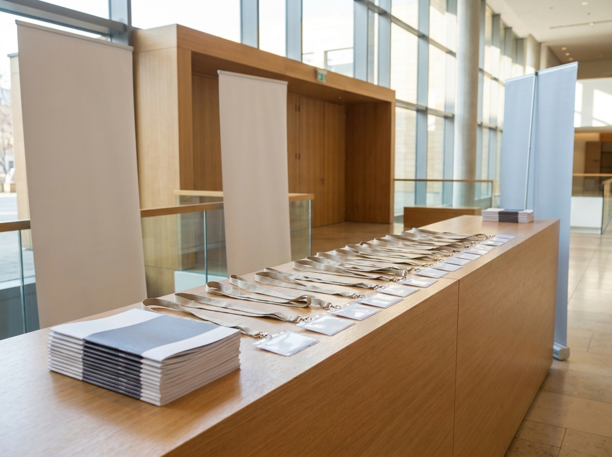 An organized registration area at a medical conference venue.