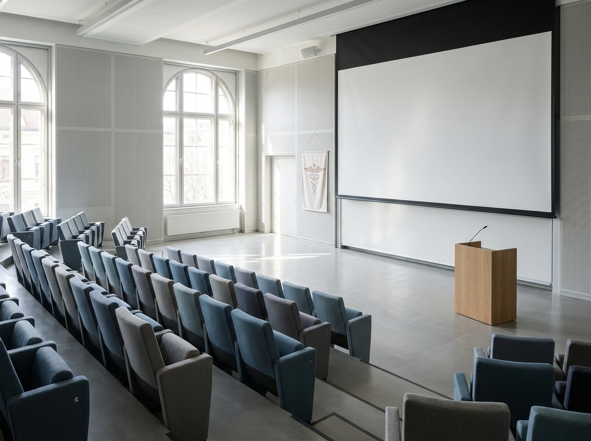 A modern lecture theater prepared for a medical symposium.