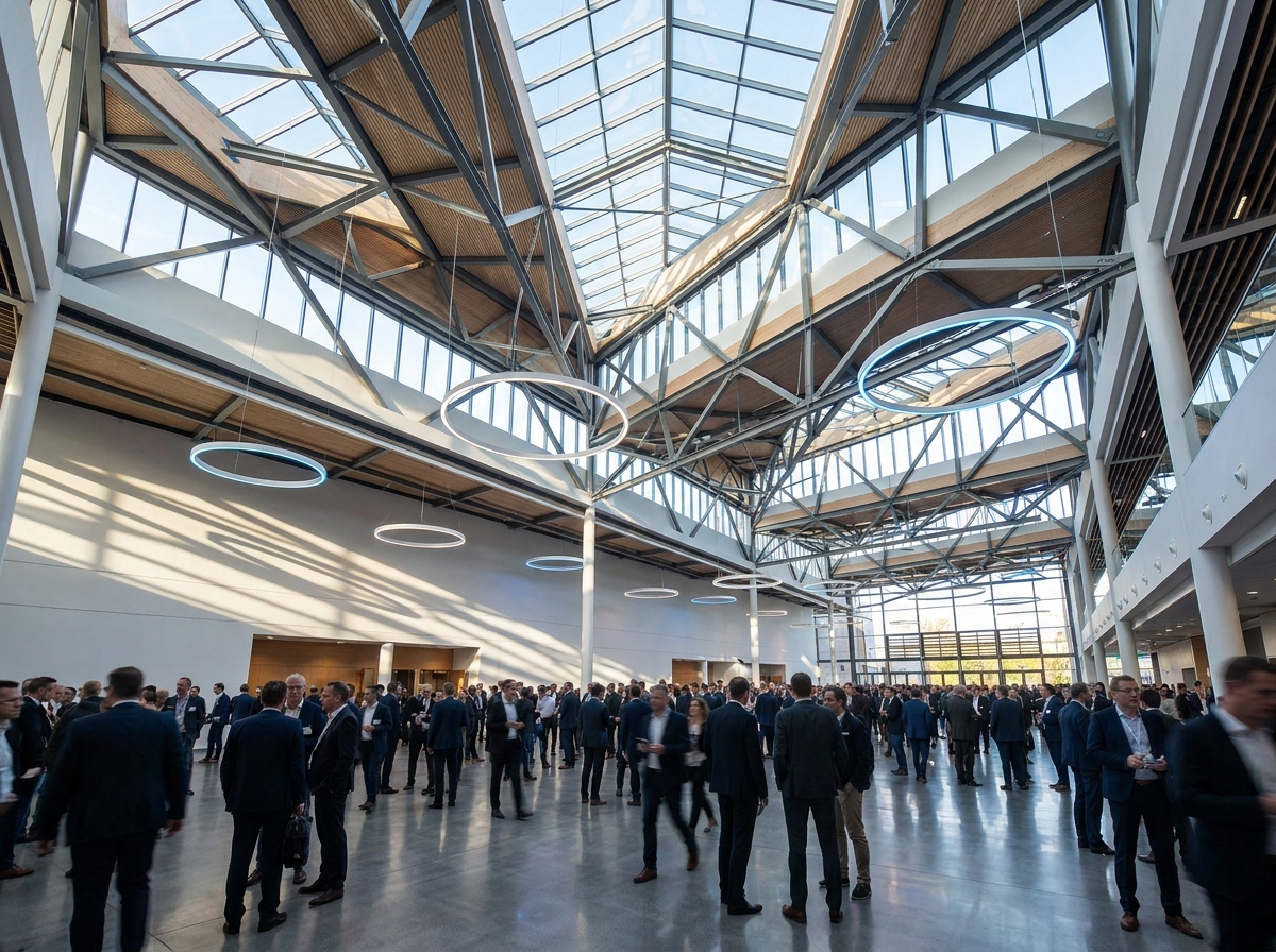 The modern architecture and lighting inside a convention center for medical events.
