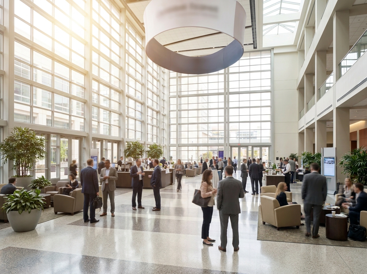 Medical professionals networking in the lobby of a conference center during a medicine event.