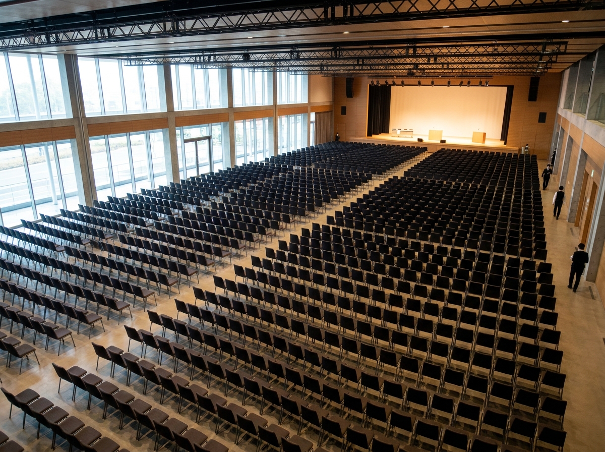 Empty auditorium seats facing a stage, prepared for a professional medicine event.