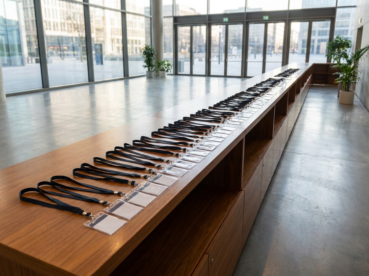 An empty registration desk prepared with lanyards for a medical event check-in.