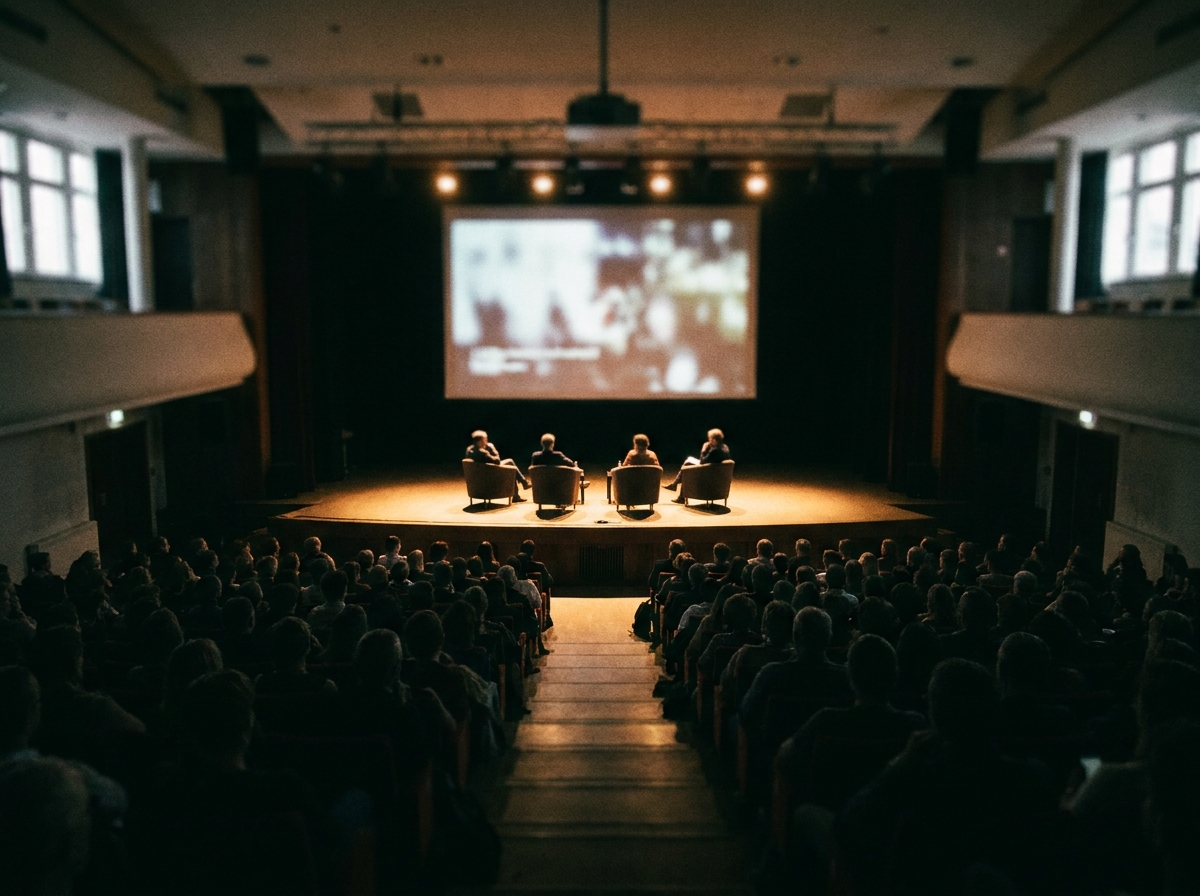 A panel of speakers on stage at a medicine event, viewed from the back of the auditorium.
