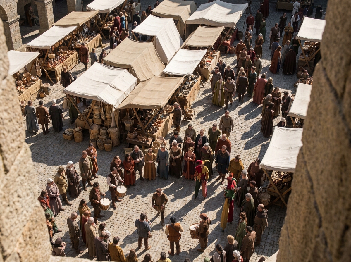 Aerial view of a crowded medieval market at an outdoor festival.