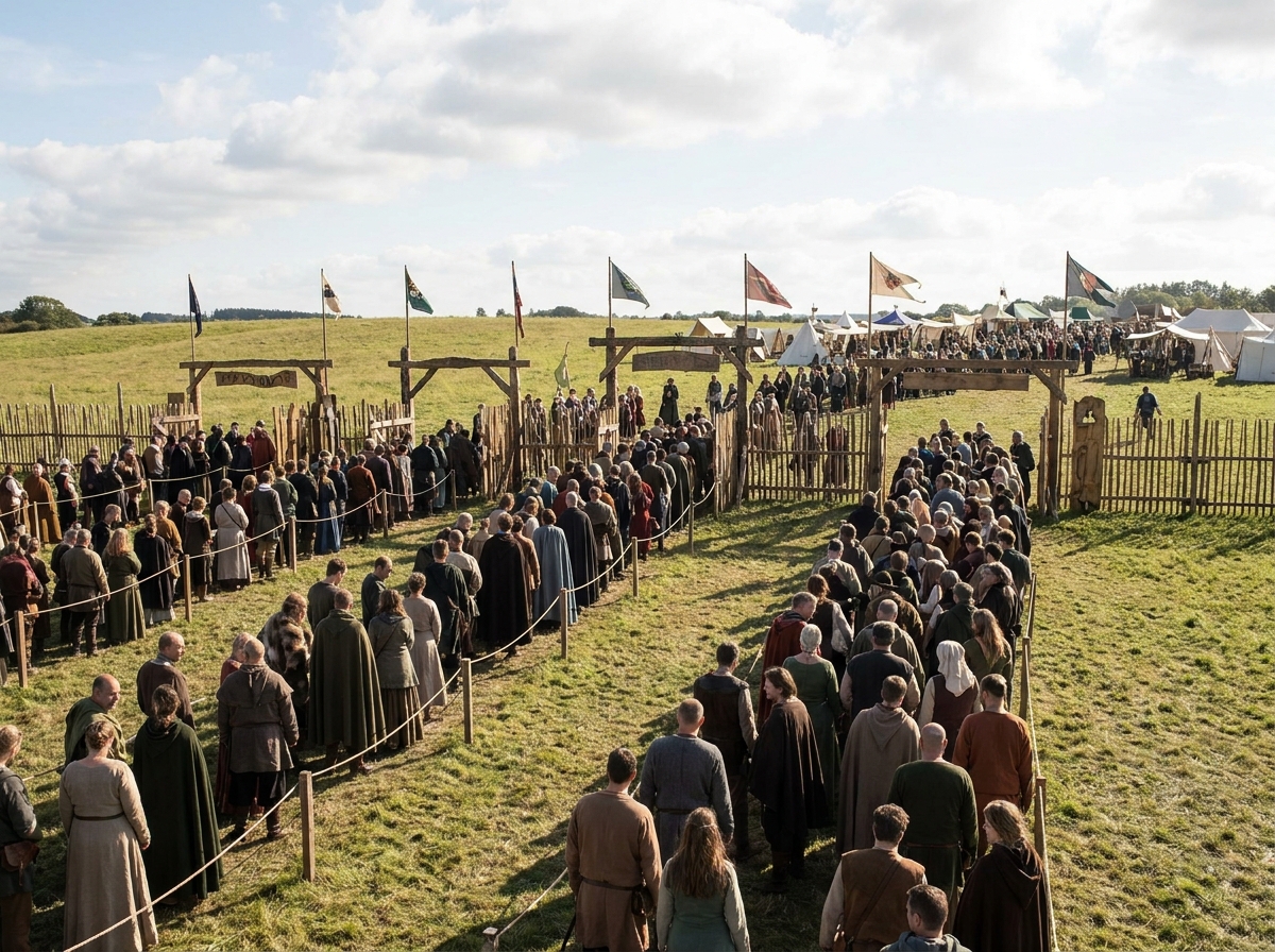 Organized entry gates at a large medieval event in a field.