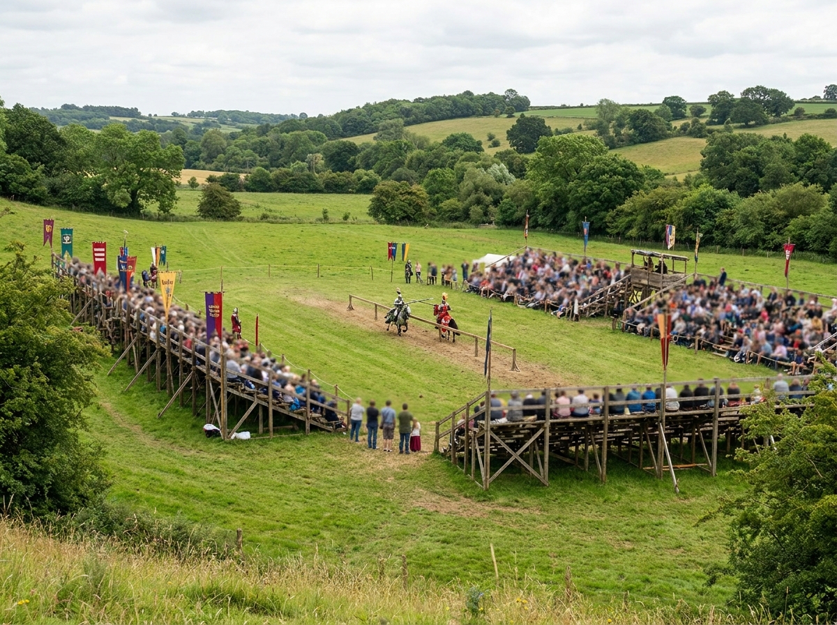 Knights jousting in front of a large audience at a medieval fair.