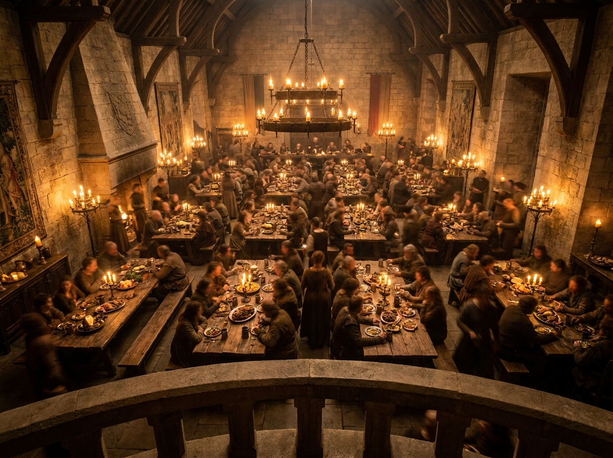 A grand hall set for a medieval feast, viewed from a distance.