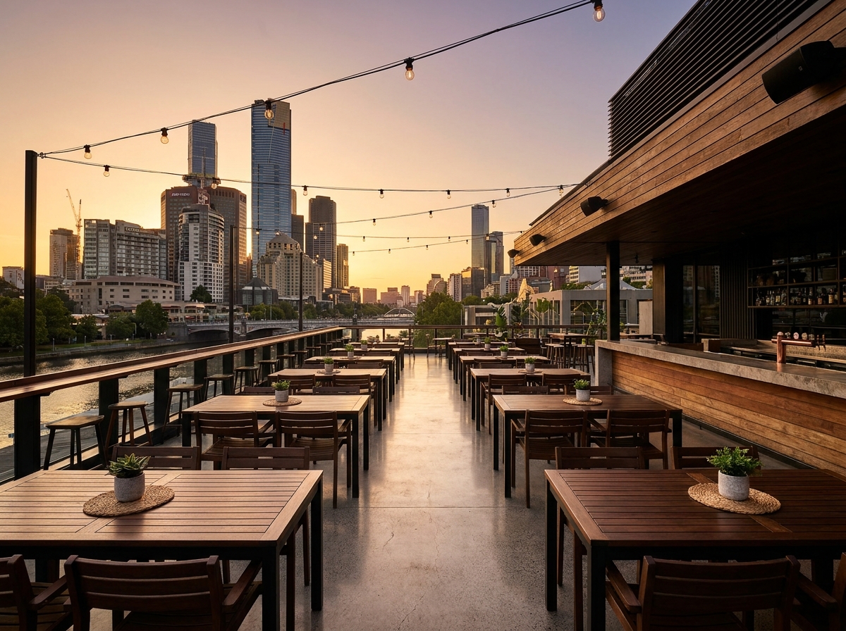 An empty rooftop bar with views of the Melbourne skyline at sunset.
