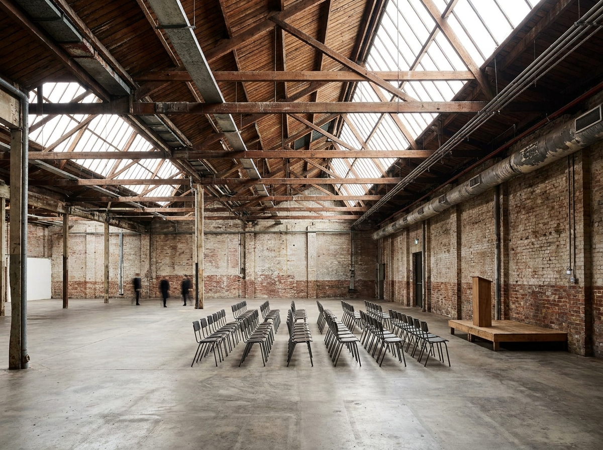 An empty warehouse space in Melbourne set up for a professional event.