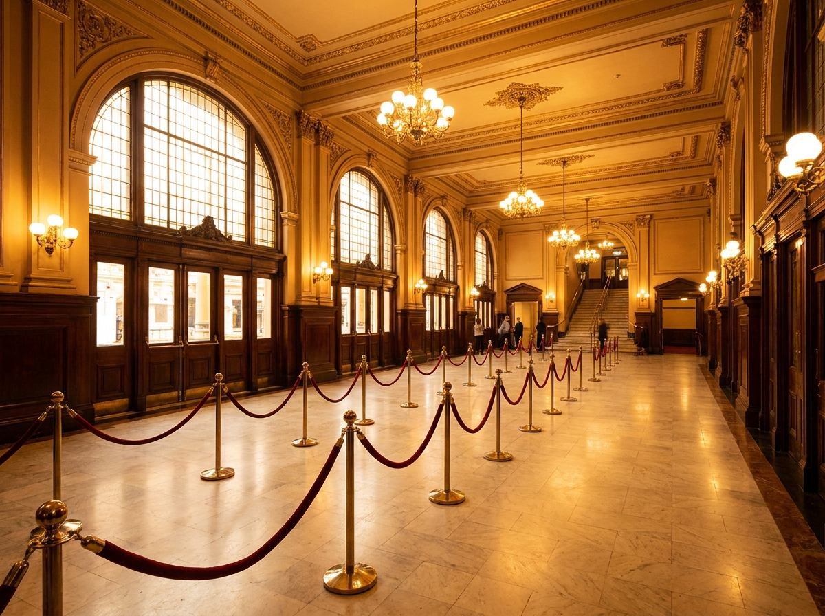 The elegant, empty foyer of a classic Melbourne theatre before an event.