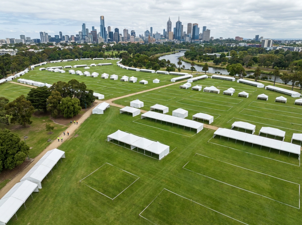 An aerial view of a Melbourne park being set up for an outdoor festival.