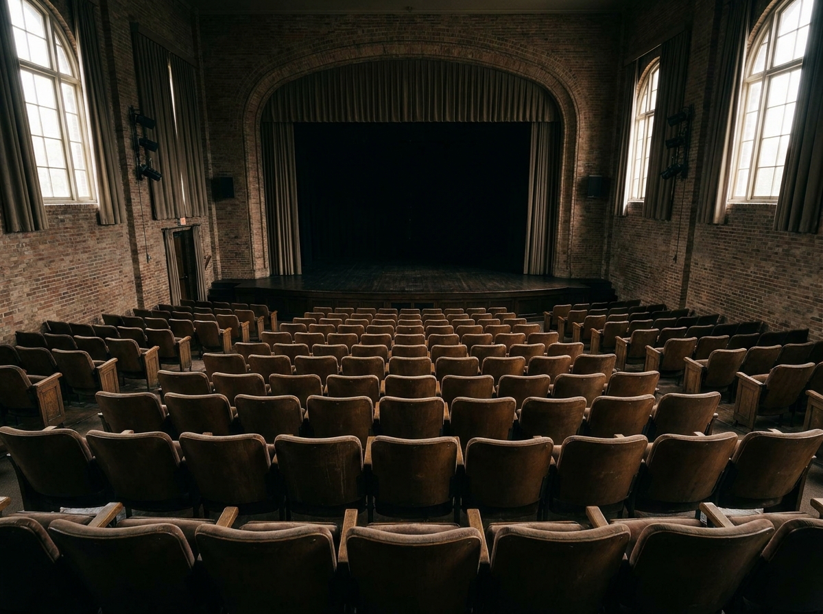 Empty seats in a small theater in Memphis, facing the stage for a comedy show.