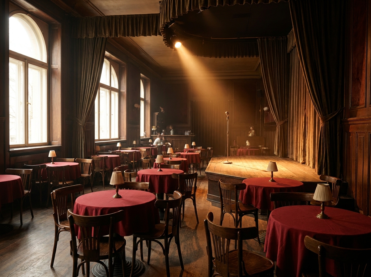 Tables and chairs set up for a comedy night in a Memphis venue.