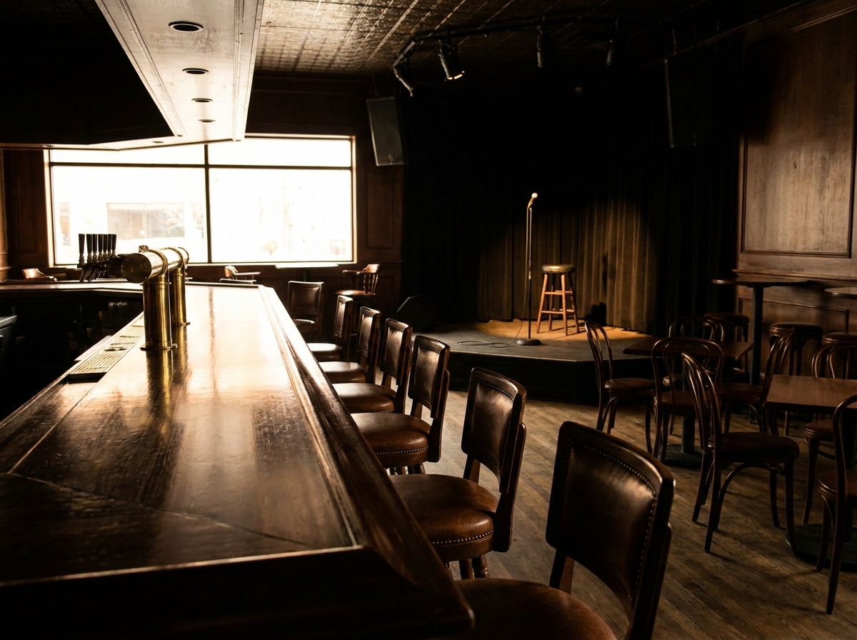 The empty bar area of a Memphis comedy club before a show.