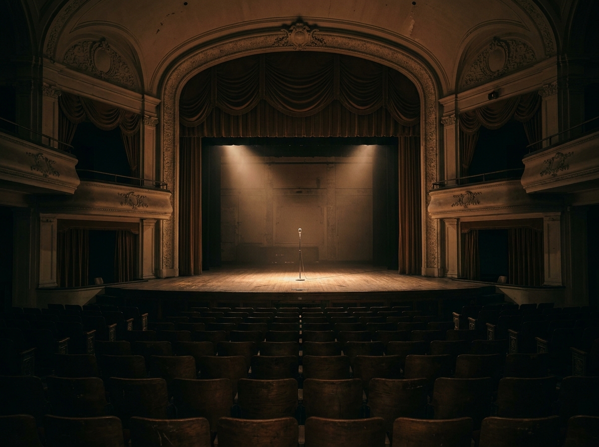 A lone microphone on a vacant stage in a Memphis venue, awaiting a comedy performance.