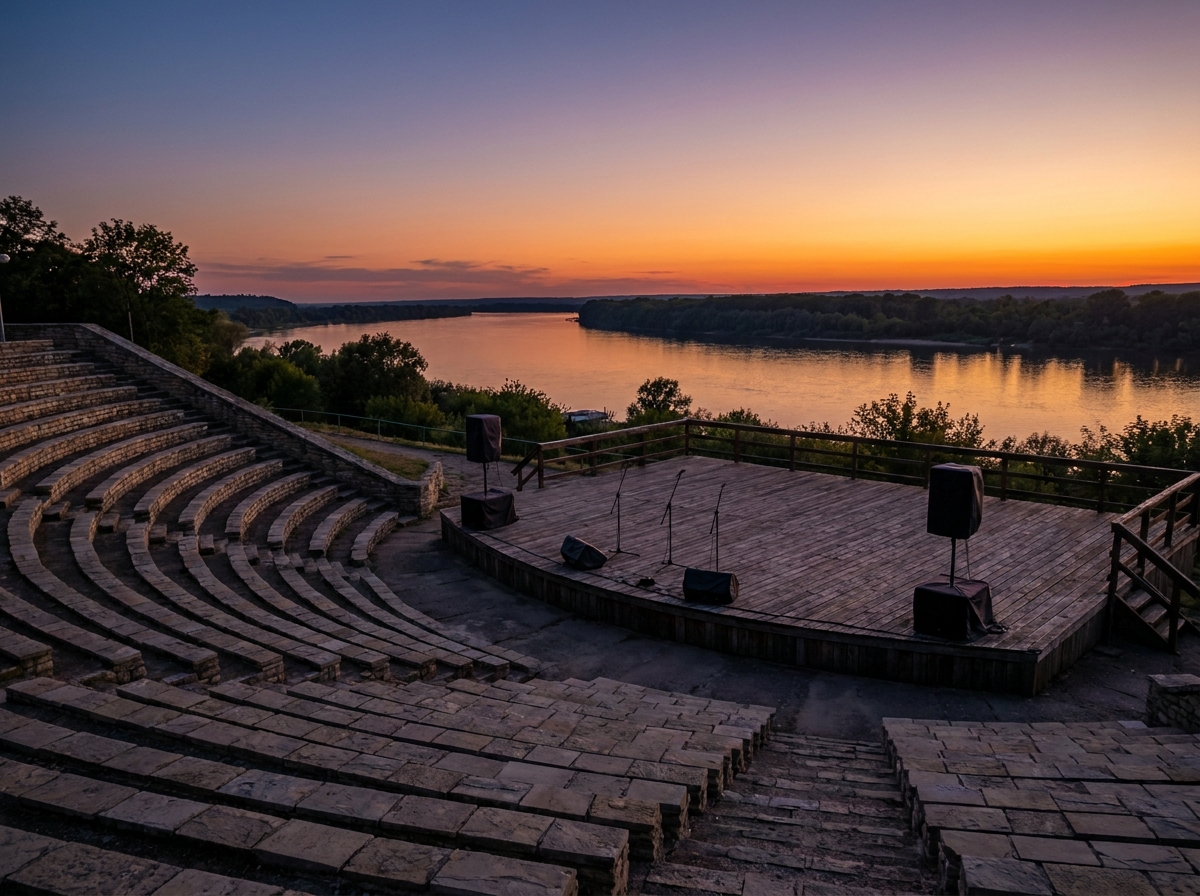 An empty outdoor amphitheater in Memphis at sunset, ready for an event.