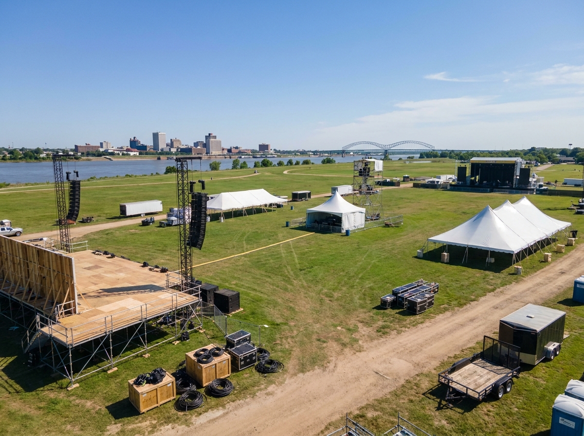 An outdoor festival ground in Memphis being set up for an event.