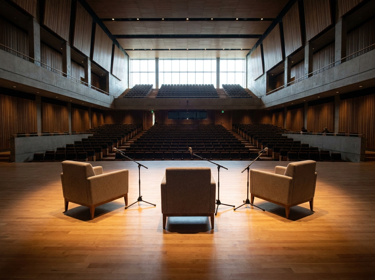 An empty stage set for a panel discussion at a business event in Memphis.