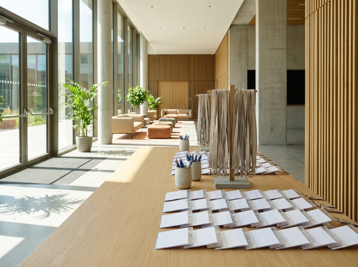 A registration desk prepared for attendee check-in at a professional event.